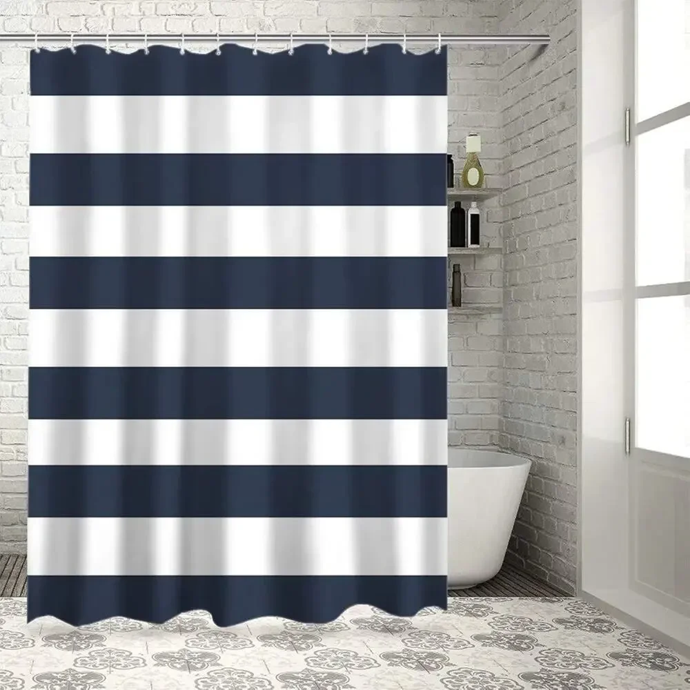 Nautical Stripe Design Navy & White Fabric Shower Curtain 70